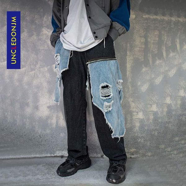 

uncledonjm men patchwork jeans damaged hip hop jeans men designer 20aw street wear hip hop pants loose trousers k8006, Blue