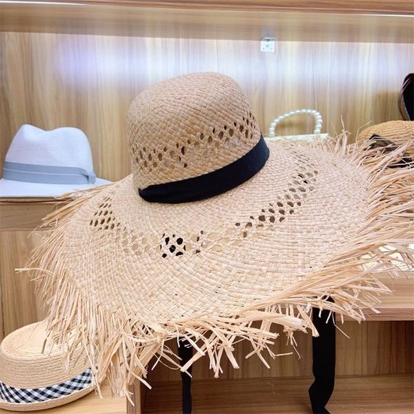 

big brim raffia hollow out ribbon summer beach elegant floppy fedora straw hat uv protection fringed sun derby cap y200714, Blue;gray