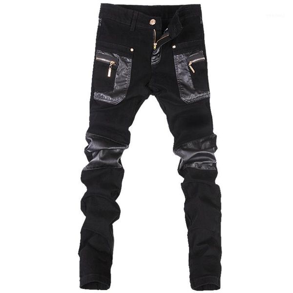 Herrenhosen Großhandel - Koreanischer Stil coole Mode Herren Punk mit Leder Reißverschlüsse Schwarz Farbe enge Skenny Plus Größe 33 34 36 Rockhosen1