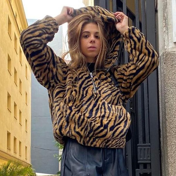 

women's hoodies & sweatshirts women 2021 winter loose oversized hoodie leopard warm fleece zip up coats long sleeve pullover casual la, Black