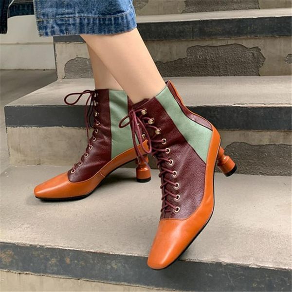 

pxelena ins горячая роскошь натуральные кожаные ботинки ботинки женщин странные высокие каблуки кружевные квадратные ноги смешанные цветные, Black