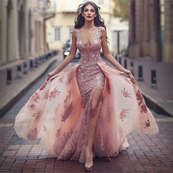 

new v neck amazing pink formal dress over skirt front appliques slit tulle lace evening dress robes de soiree, Black;red
