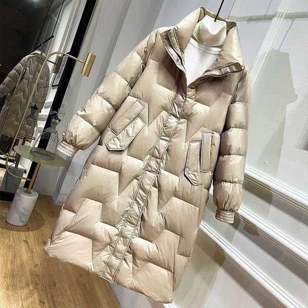 

2021 new female winter coat long new size 90% white duck down korean loose solid fashion jacket c3 ic9h, Black