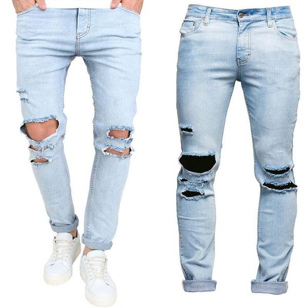 

men's trousers slim pant skinny runway straight elastic denim pants destroyed ripped jeans, Blue
