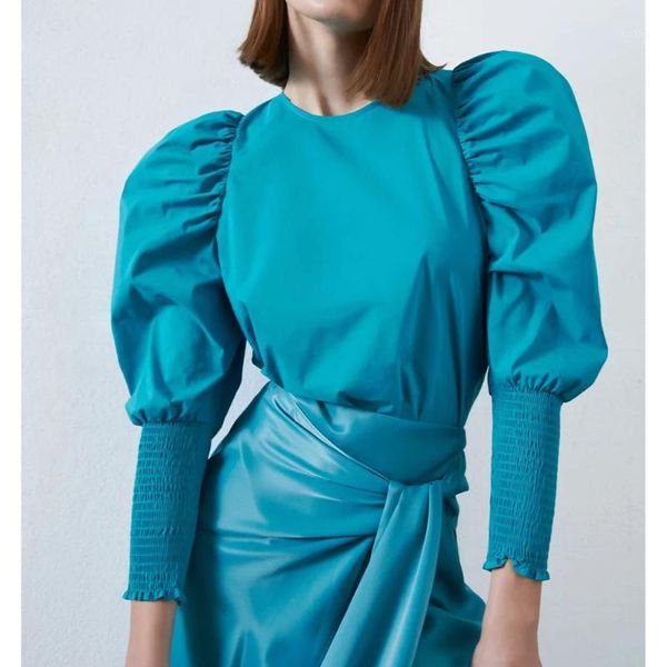 

2020 summer new women puff sleeves sea blue t-shirt draped elastic cuff tee shirts casual fashion haut femme1, White