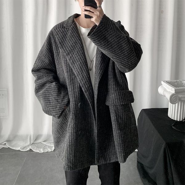 

men's wool blends loose coat retro black gray thick trench coats b18