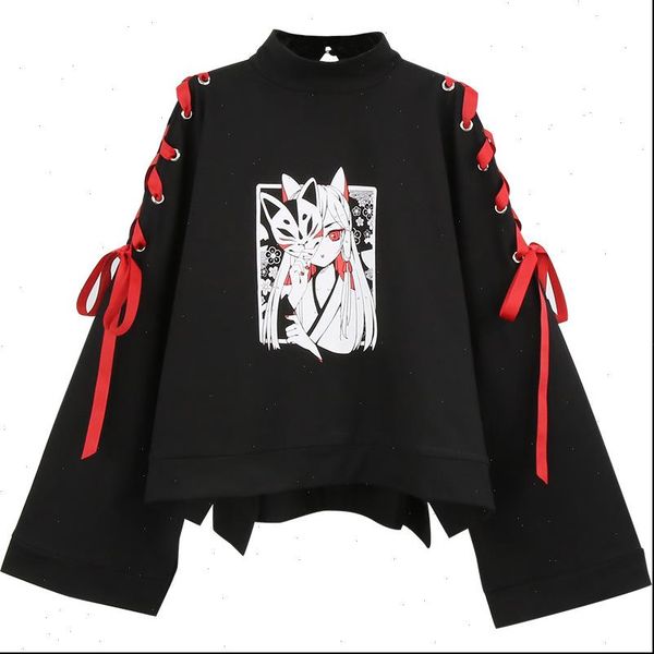 

japanese oversized printed anime hoodie women gothic street cool black pullover harajuku girls kawaii comic cropped sweatshirt