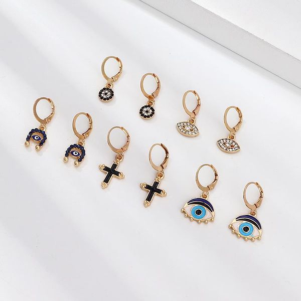 

hoop & huggie luokey 5pairs/set earrings for women black evil eye cross set with rhinestone bohemian vintage jewelry 2021, Golden;silver