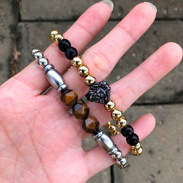 

charm bracelets 2021 luxury lion bracelet men punk geometric tiger eye bead pave cubic zirconia party jewelry gift, Golden;silver