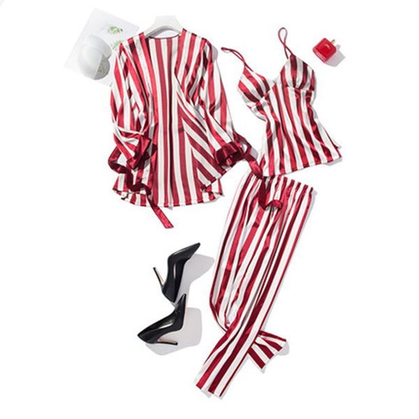 

stripe pajamas set women belt robe shirt pants home mom sleepwear fashion sleep femme clothes 201102, Black;red