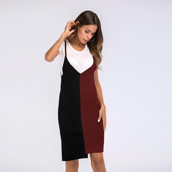 

2021 dress women's spring and summer fashion new v-neck color matching irregular waist belt hip strap dress, Black;gray