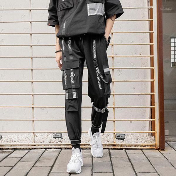 

hip hop letter ribbons cargo pants black men streetwear joggers sweatpants tactical track multi-pocket pencil casual trousers1