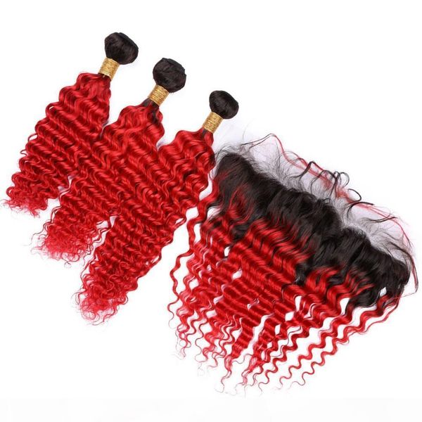 

deep wave red ombre malaysian hair bundles with frontal #1b red dark root ombre wavy human hair 13x4 lace frontal closure with weaves, Black;brown