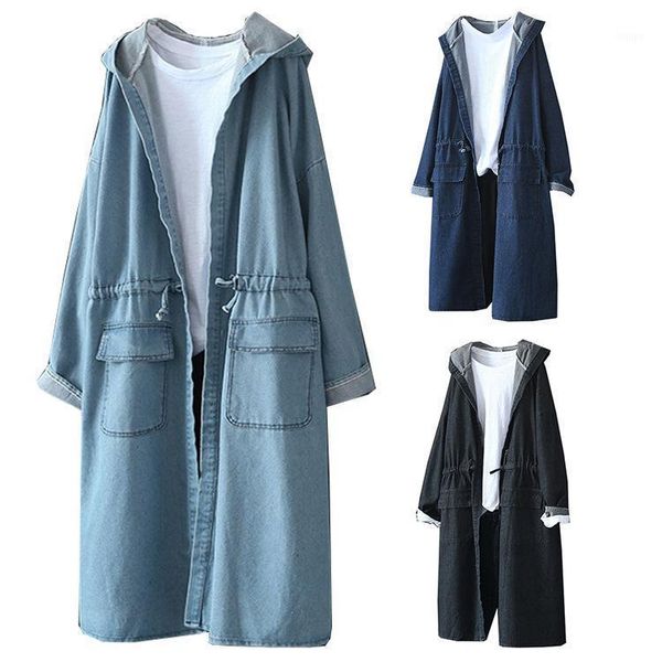 

women's denim trench 2020 autumn casual hooded lace up elastic waist ladies vintage loose long denim trench coat1, Tan;black
