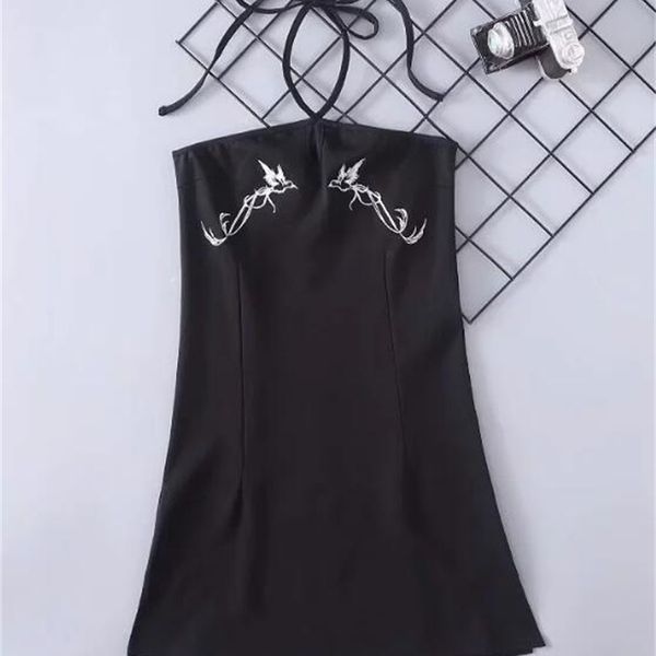 

2021 new runway robe femme streetwear harajuku halter-embroidered birds bow black dress 3ryn, Black;gray