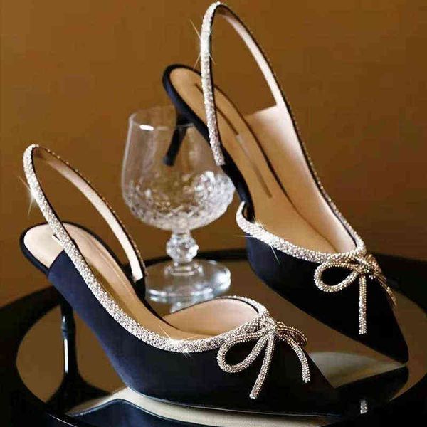 

women's shoes 2022 spring pointed thin heel side air high heels bow silk sandals net red celebrity single women, Black