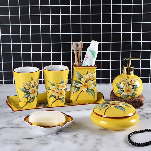 

yellow american bathroom set ceramic flower lotion dispenser toothbrush holder soap dish cup tray storage box bathroom supplies