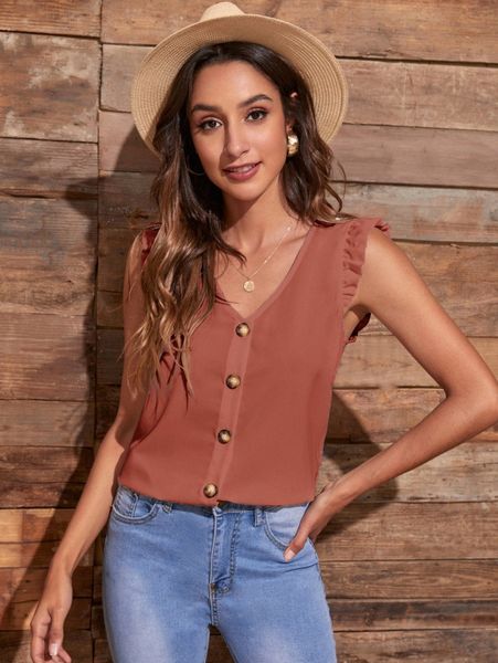 

button front ruffle trim s8z6#, White