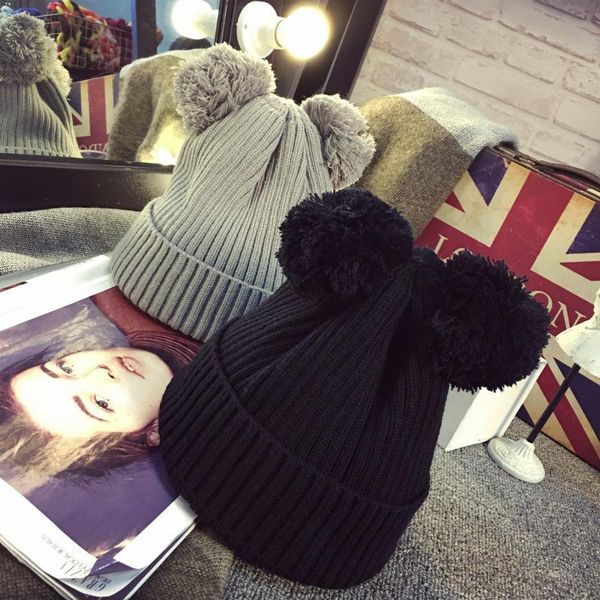 

beanie/skull caps cartoon cute female crochet winter cat ear hat skull cap warm women knitted beanie with two ball top, Blue;gray