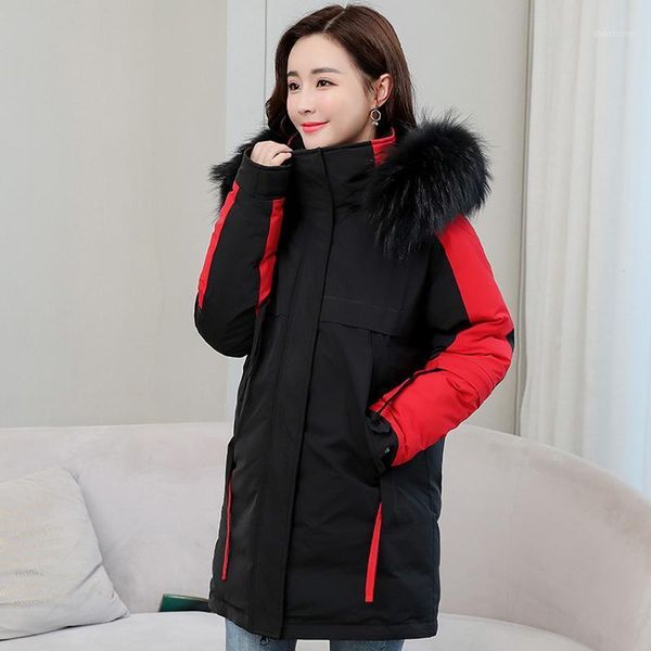

plus size women winter jacket hooded fur collar patchwork loose long parkas female stand collar cotton padded coats down jackets1, Black