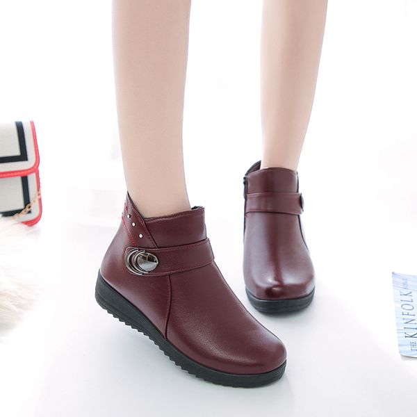 

women winter snow boots leather wedge heels female non-slip warm fur ankle boots elderly mother shoes, Black