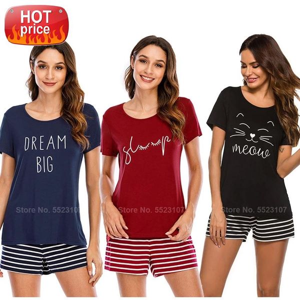 

summer cotton comfortable lounge wear casual short sleeve striped shorts clothing set pajamas female sleepwear outfits #3x4z, Black;white