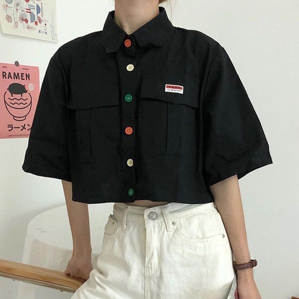 

women's shirt harajuku short sleeve polo collar casual cotton blouse girls fashion letter embroidery blusas femininas, White