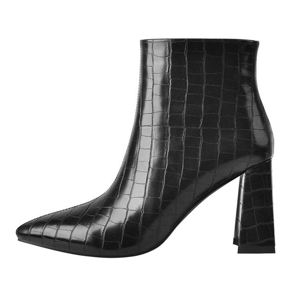 

onlymaker women's pointed toe black brown ankel booties side zipper block chunky heels fashion short boots q1104