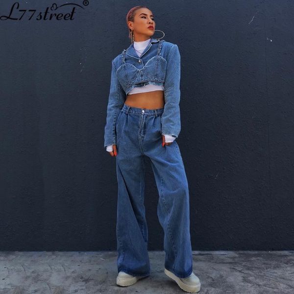 

hong kong style design denim three-piece set cotton coat wrapped chest high waist wide leg mop pants internet suit women, White