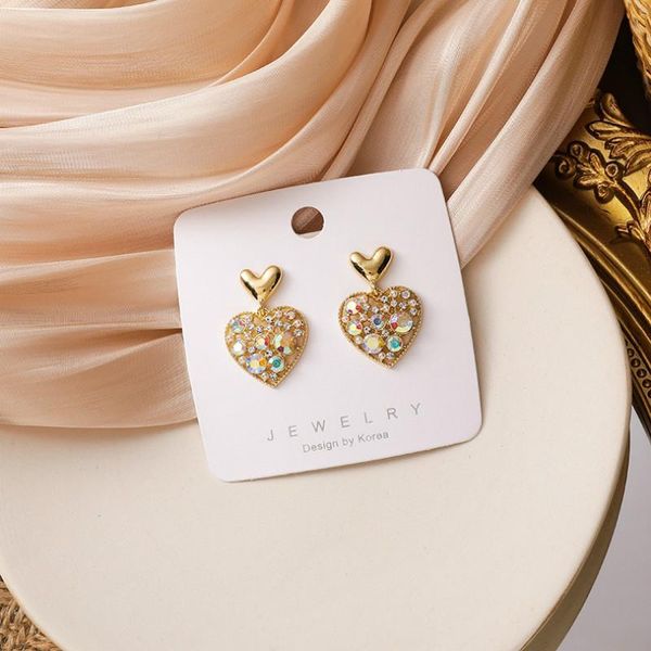 

2021 new arrival classic sweet colorful crystal love heart stud earrings for women fashion gold color metal party pendiente, Golden;silver
