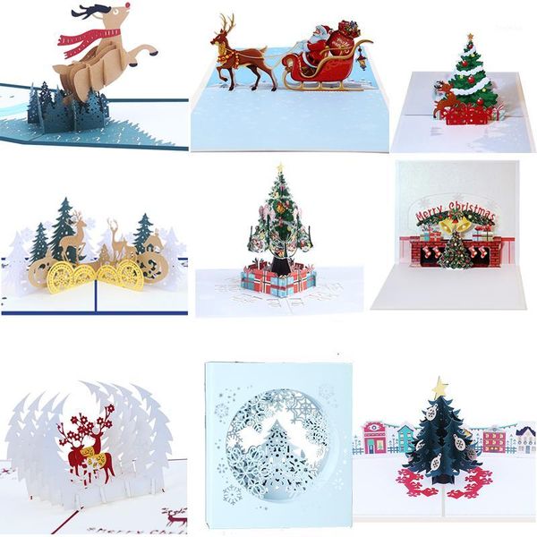 

5pcs/lot new year 3d christmas card xmas air balloon santa snowman elk handmade card paper carving christmas gift1