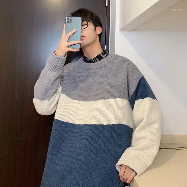 

xxl men's fashion o-collar pullover men casual long sleeve knitted korean streetwear sweater color block vintage sweater men1, White;black