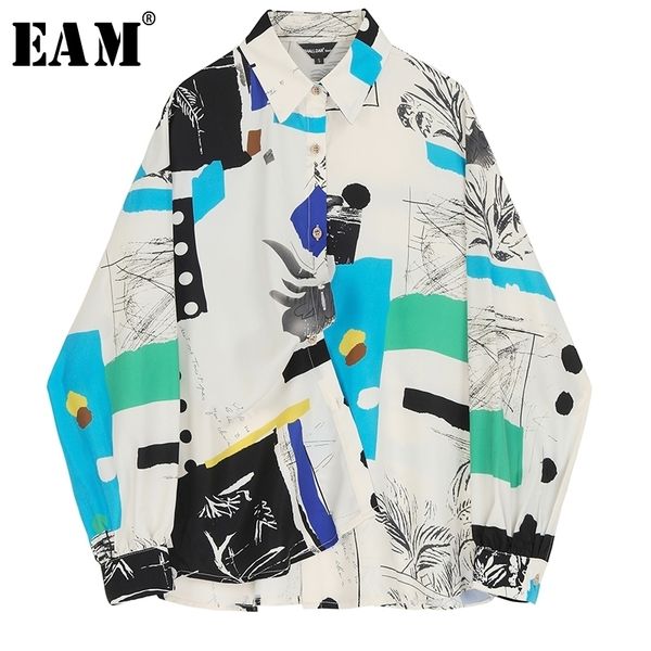 

[eam] women pattern print split big size blouse new lapel long sleeve loose fit shirt fashion tide spring autumn lj200831, White