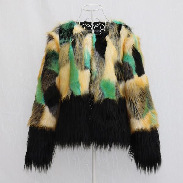 

s/9xl women's patchwork imitation fur jackets large size female round neck mixed color fake fur coats sobretudo feminino k12881, Black