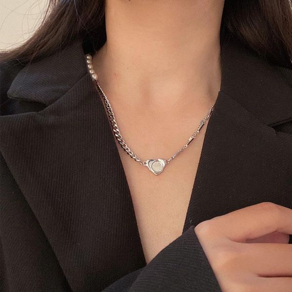

fashion pearl love heart pendant necklace for women girls simple temperament clavicle chain sweater chain jewelry gifts, Silver