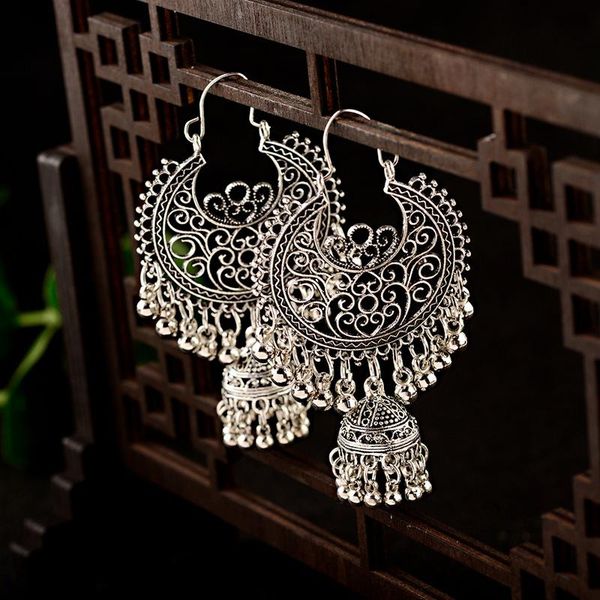 

anqi gypsy jewelry boho ethnic alloy hollow big bells long drop dangle earrings for women pendientes mujer moda 2020, Silver
