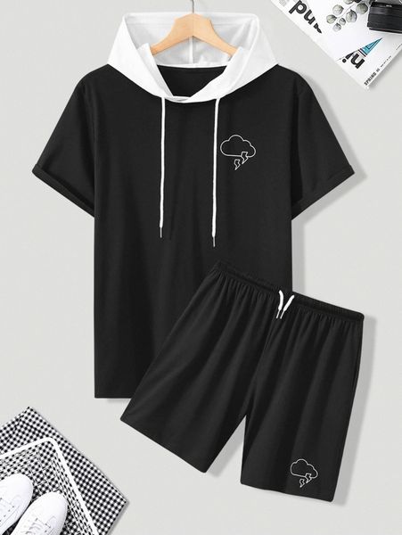 

men cloud and lightning print drawstring hooded tee & shorts e4tu#, Gray