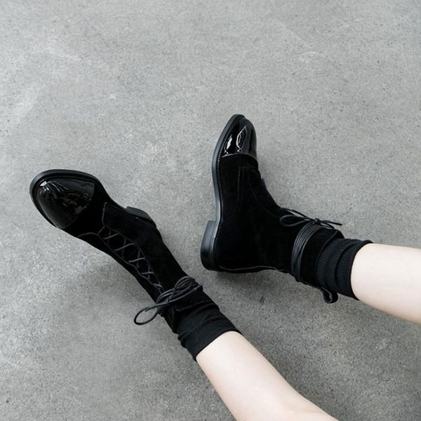 

boots 2021 super soft full leather lace up cross low heel thick patchwork winter women's, Black