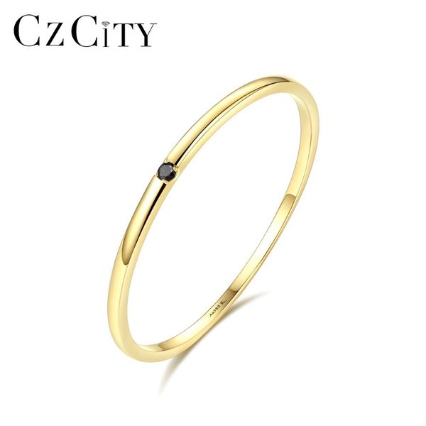 

czcity 100% 14k yellow gold petite black cubic zircon wedding rings for women simple thin circle bands ring fine jewelry bijoux y19052301, Slivery;golden