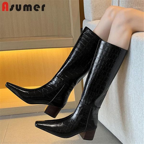 

asumer 5.5cm high heel long boots women genuine leather shoes square toe autumn winter fashion knee high boots women black1, Black