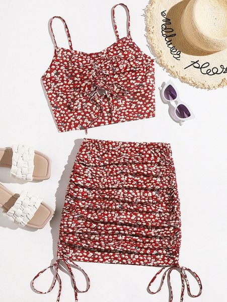 

drawstring knot cut out front ditsy floral cami & ruched skirt set 20oh#, White