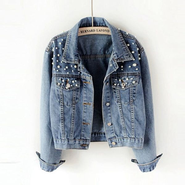 

boyfriend jeans jacket women pearls oversized denim jackets vintage long sleeve casual coat ladies single breasted bomber jacket1, Black;brown