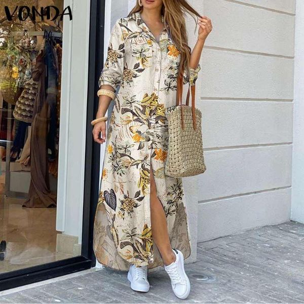 

casual button down maxi dress women's autumn sundress vonda vintage floral print shirt dress vestidos female lapel robe dresses, Black;gray