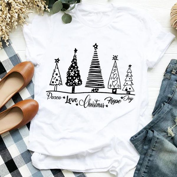 

women merry christmas star tree cute 90s new year printing holiday clothes ladies graphic print tee tshirt female t-shirt, White