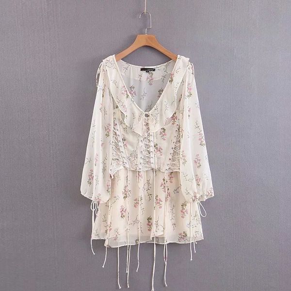 

2021 new spring and summer low-cut v with a stamp waist draw rope dressed in sweet french fairy chiffon printed dress 1vq6, Black;gray