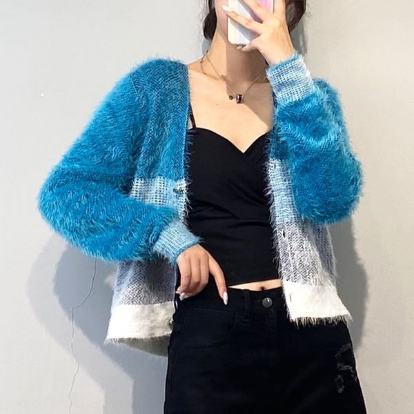 

6797v neckline tapered short 2020 coat sweater sweater korean autumn new stripe contrast long sleeve knitted cardigan coat 4tm5l, White;black