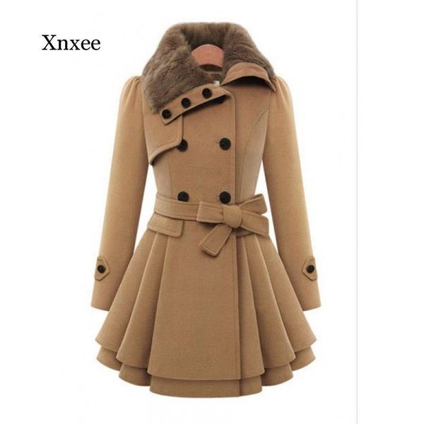 

women's fashion a-line faux fur lapel mid-length coat jackets double-breasted thick wool trench ladies dress, Black