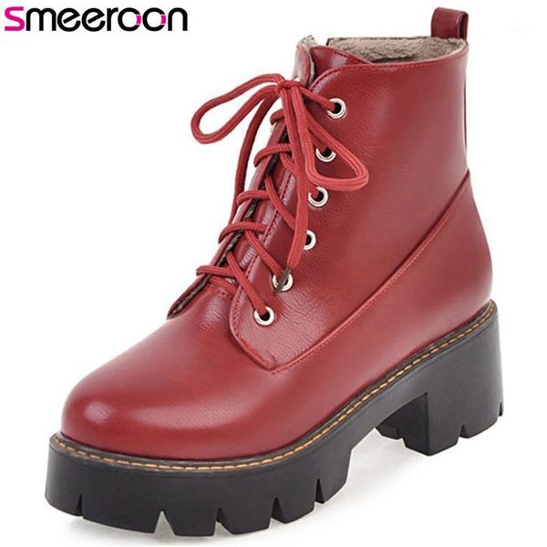 

smeeroon platform shoes zip+cross tied high heels ankle boots for women autumn winter boots round toe women big size 34-431, Black