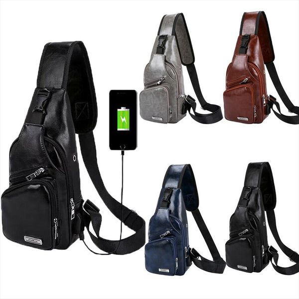 

2019 mens shoulder bag sling chest pack solid pu leather usb charging travel crossbody bag waist packs