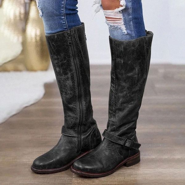 

knight boots retro zipper boots for women pu leather mid-calf comfy gothic shoes pleated autumn for women #tb0j, Black